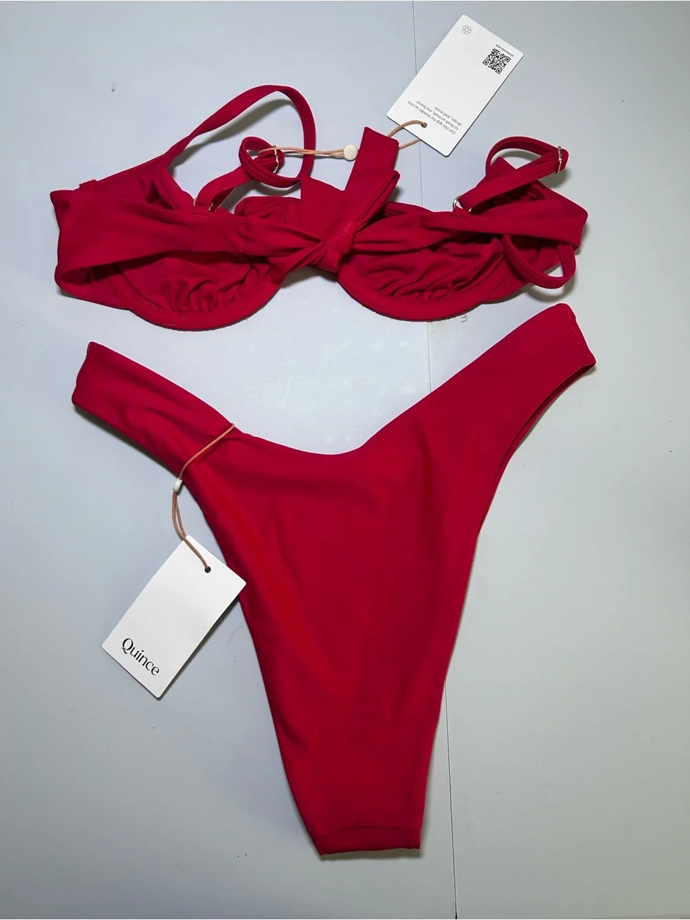 NWT Quince Cherry Red Underwire Bikini Set Medium Bow Top High Cut Bottom